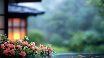 Obraz premium A macro shot of a planter brimming with blossoms perched atop a table, surrounded by H2O, against a distant skyline