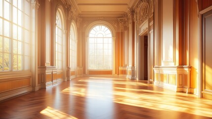 Obraz premium Elegant spacious interior with large windows in golden sunlight