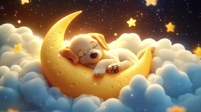 Adorable dog sleeping peacefully on a glowing crescent moon in a dreamy night sky
Seamless looping 4k time-lapse virtual video animation Generated AI