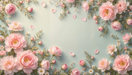 Beautiful floral arrangement with pink peonies and roses on a soft blue background and copy space