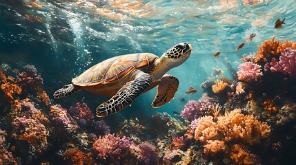 Fototapeta premium Sea turtle gracefully swims through vibrant coral reef, sunlight streams through water.