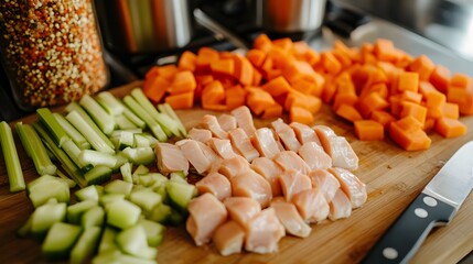 Close-up of chopped chicken breast, celery, and carrots on a wooden cutting board.  A chef's knife rests nearby. Ingredients are neatly arranged, ready for cooking.