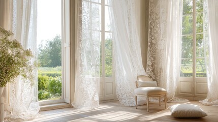 Fototapeta premium Elegant Sunlit Room with Sheer Curtains and Natural Light Glow