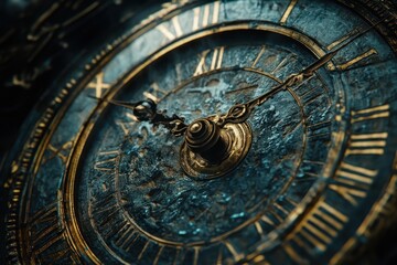Obraz premium Close-up of an ornate clock face with intricate details and Roman numerals.