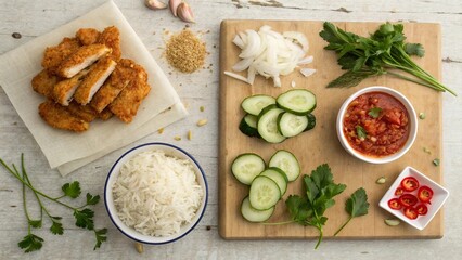 Deconstructed ingredients for a flavorful meal featuring crispy chicken, fresh vegetables, and aromatic herbs