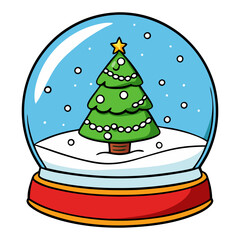 Hand-drawn snow globe with Christmas tree, holiday decoration illustration.
