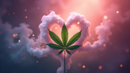 Dreamy cannabis leaves shaped as hearts in curling luminous smoke, glowing softly with sparkles on a gradient background of pink and purple hues.