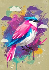 Artistic bird design featuring bold colors and a grunge-inspired abstract background