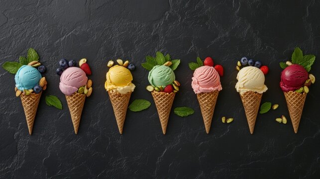 Conos de helado con frutas y hojas de menta