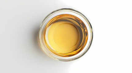 Almond oil in a glass bowl on white background, top view. Pinnacle. Illustration