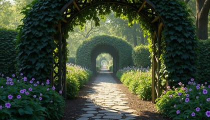 Garden arbors with ivy creating a peaceful pathway adorned with blooming flowers