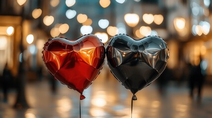 Heart-shaped balloons floating over a sparkling night cityscape romantic atmosphere close-up