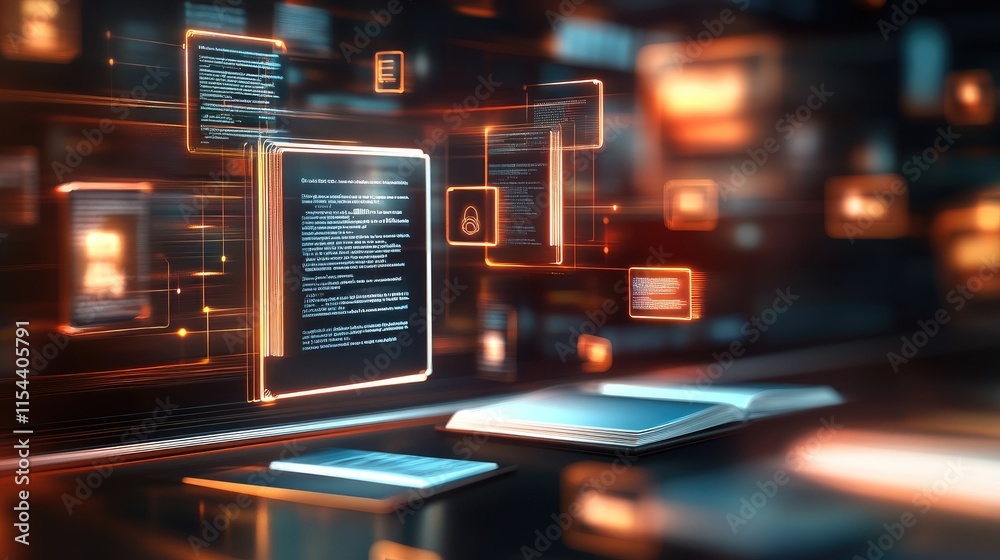 Poster digital transformation with abstract data visualizations and book