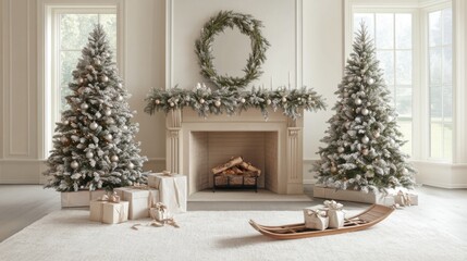 Decoración navideña en sala con árboles y regalos