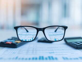 Close-up of eyeglasses focused on financial data and graphs, symbolizing clarity in business insights and analysis.