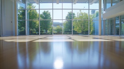Naklejka premium Bright Modern Interior Space with Large Windows and Minimal Design