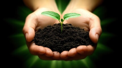 Hands holding a small sprout emerging from soil.
