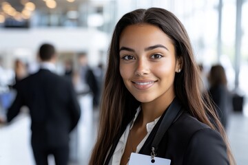 Fototapeta premium A confident young woman with a warm smile is engaging at a networking event, showcasing her professionalism in a modern office setting filled with professionals.