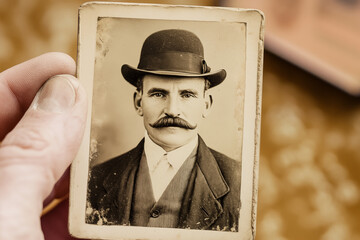 hand holding an old fashioned portrait of a man wearing a bowler hat and a thick handlebar mustache