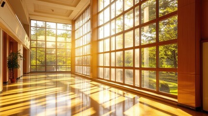 Fototapeta premium Sunlit Modern Hallway with Large Windows and Lush Greenery Outside