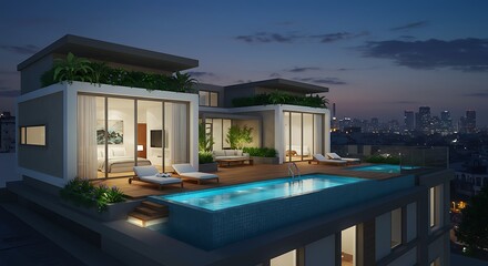 Fototapeta premium Luxury Rooftop Penthouse Suite with Infinity Pool City View at Night