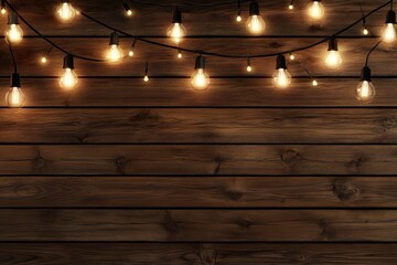 Warm string lights illuminate a rustic wooden background.