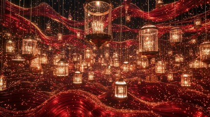 A dazzling display of glowing lanterns amidst shimmering red lights.