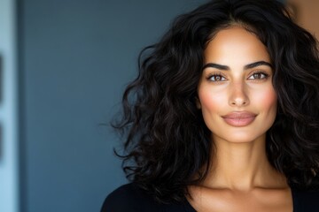 Naklejka premium A stunning close-up portrait of a woman with luscious curly hair, showcasing her natural beauty and radiant smile against a soft, minimalistic background.