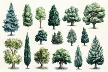 Watercolor trees in a serene forest, showcasing vibrant shades of green and brown, with a peaceful lake reflecting the beauty of nature beneath a clear blue sky.