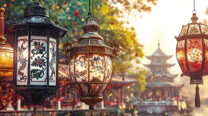 Fototapeta premium Hanging decorative lanterns glowing in a serene outdoor setting with a pagoda in the background.