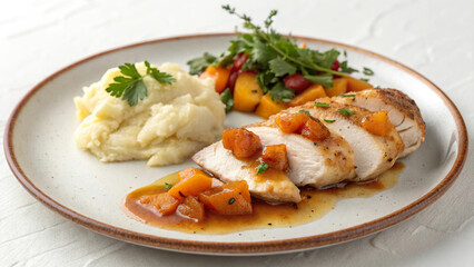 Minimalist apricot chicken plate served with creamy mashed potatoes and fresh vegetable salad