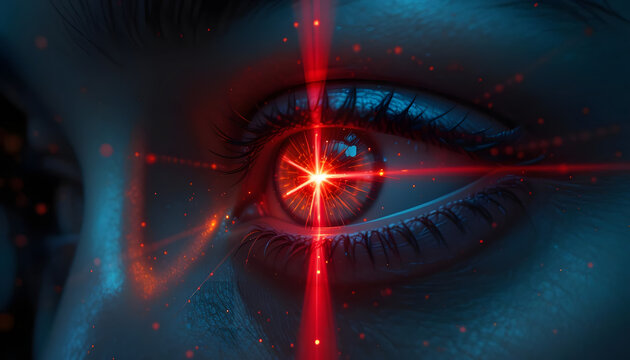 Concepts of laser eye surgery or visual acuity check-up. Biometric scan
