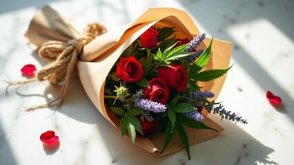 Cannabis bouquet with roses, lavender, and eucalyptus wrapped in hemp-tied recycled paper, resting on marble with rose petals and soft sunlight reflections.