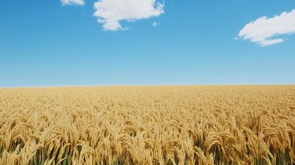 Fototapeta premium A vast golden wheat field under a clear blue sky with fluffy clouds.
