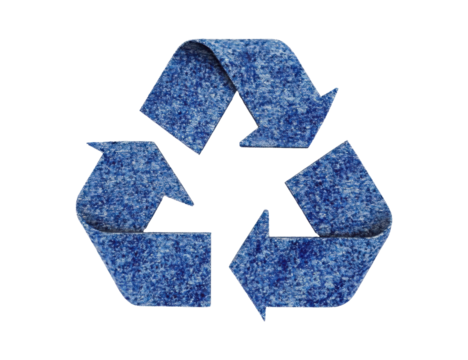 Recycling symbol on blue texture, white isolated background
