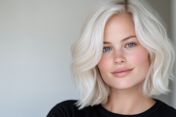 A cheerful portrait of a woman with stylish short white hair smiles gently, radiating warmth and friendliness, perfectly capturing a moment of happiness and self-assuredness.