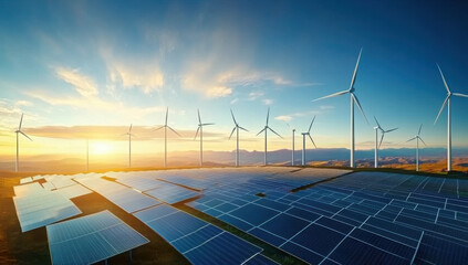 Rows array of Solar panels and wind turbines generating electricity in hybrid power plant systems station , alternative clean energy renewable efficiency
