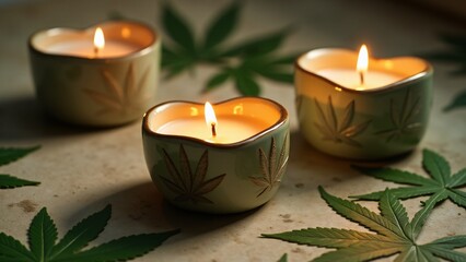 Ceramic heart-shaped candle holders with cannabis leaf carvings, glowing softly with green and golden candlelight, casting intricate cannabis-shaped shadows.