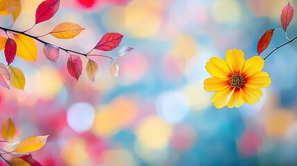   A close-up of a yellow flower on a leafy branch against a blue-pink background