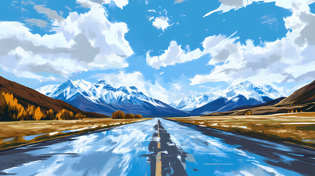 Serene empty highway in the kunlun mountain hinterland: a majestic journey through untamed landscapes and endless skies for adventure seekers and nature lovers. Hinterland. Illustration