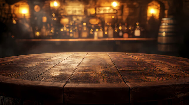 Tampo de mesa de madeira redonda vazio em fundo abstrato de luzes de de um bar desfocadas, fundo para uso em montagem de produtos para venda. Hinterland. Illustration
