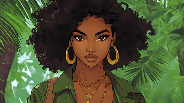 Vibrant cartoon of a beautiful mixed african american female in boondocks style, showcasing fierce elegance and creativity. Hinterland. Illustration