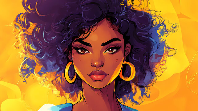 Vibrant cartoon of a beautiful mixed african american female in boondocks style, showcasing fierce elegance and creativity. Hinterland. Illustration
