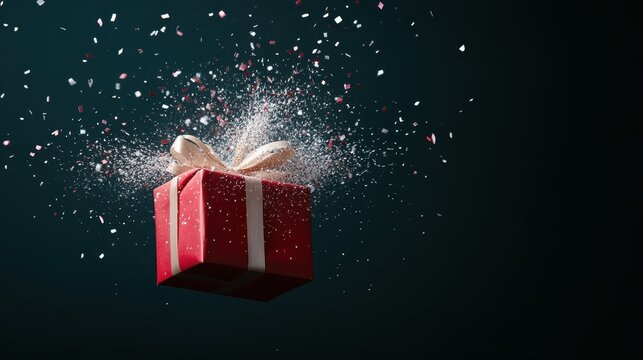 A red gift box wrapped with a bow erupts with confetti, creating a festive and joyful atmosphere against a dark background, symbolizing surprise and celebration.