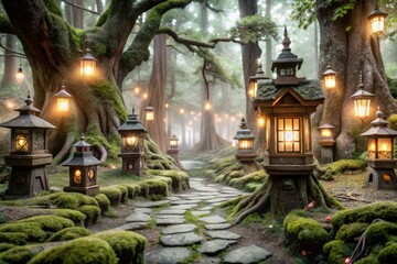 Fototapeta premium Enchanted forest, glowing lanterns illuminate mystical creatures in architectural fantasy.