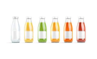 Blank transparent glass bottle with different juice taste mockup, isolated