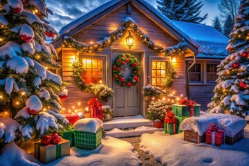 Enchanting winter cottage panorama: festive decorations and gifts abound.