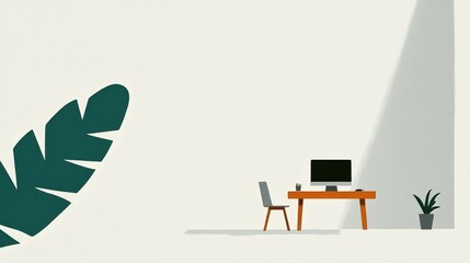 Fototapeta premium Minimalist Workspace Design with Desk, Chair, Computer, and Indoor Plants for Modern Office Aesthetic