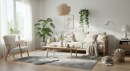 Fototapeta premium Scandinavian Living Room Interior Design Cozy Beige Sofa Plants Rug