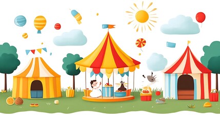 Naklejka premium Colorful circus scene with carousel, tents, and animals.